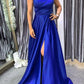 Simple Blue Sleeveless A Line Satin Prom Dress Bridesmaid Dress