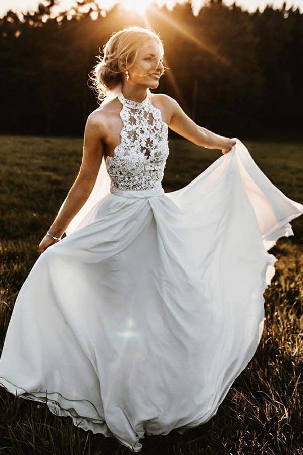 Charming A Line Halter Sleeveless Chiffon Long Beach Wedding Dresses W460 - Ombreprom