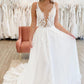 Fairy A Line V Neck Tulle Wedding Dresses with Appliques