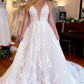 Charming A Line V Neck Tulle Long Wedding Dresses with Lace