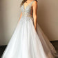 V-neck Beaded Tulle Formal Party Dresses A Line Gray Long Prom Dresses