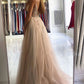 Champagne V Neck Lace Beads A Line Long Prom Dresses