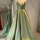 Green Simple A Line Satin Spaghetti Straps Long Prom Dresses