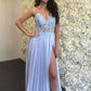 Blue A-Line Chiffon Spaghetti Straps Evening Dresses Long Prom Dresses