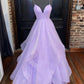 Lilac Spaghetti Straps Shiny A-Line Formal Evening Dresses Long Prom Dresses