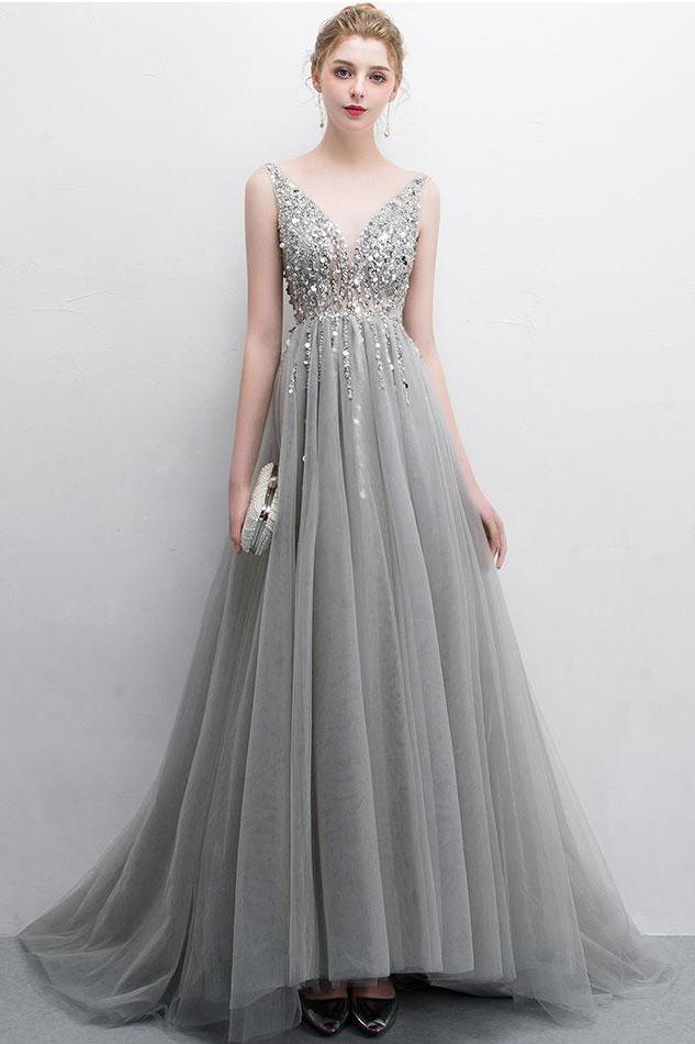 Gray A Line Tulle V Neck Sequin Long Prom Dress