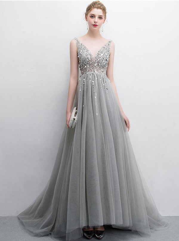 A-Line V Neck Gray Long Prom Dress, Tulle Sequin Lace Long Forma Dresses