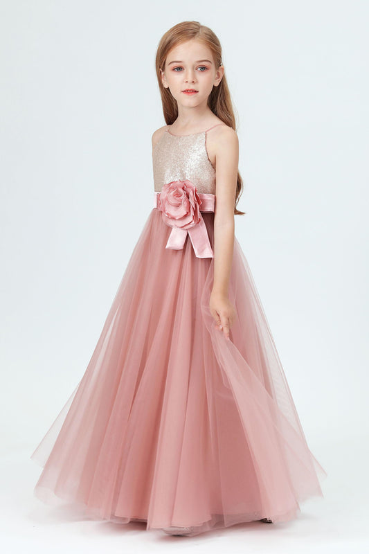 Spaghetti Strap Sequined Tulle Flower Girl Dresses With Flower Bow