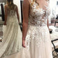 Elegant See Through Sleeveless Tulle Lace Appliques With Train Wedding Dresses