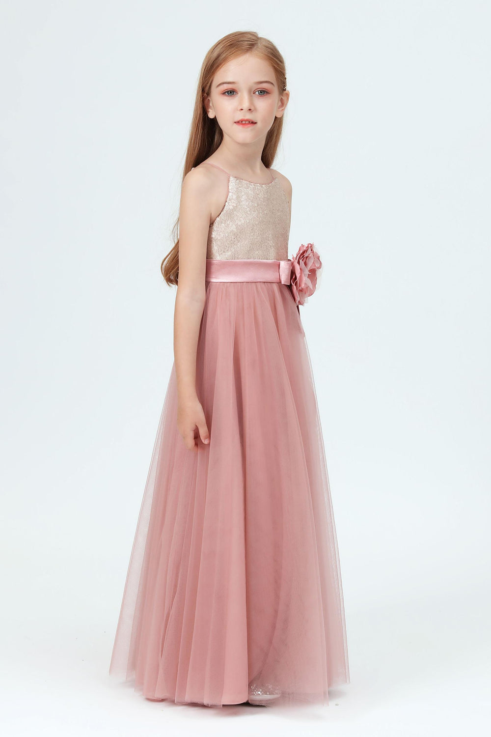 Elegant Sequined Tulle Flower Girl Dress With Bow Pink J522 main image 0