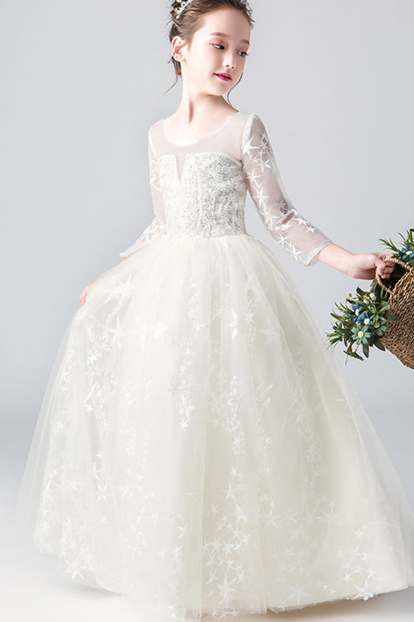 Sparkly Round Neck Long Sleeves With Sequins Floor Length Flower Girl Dresses