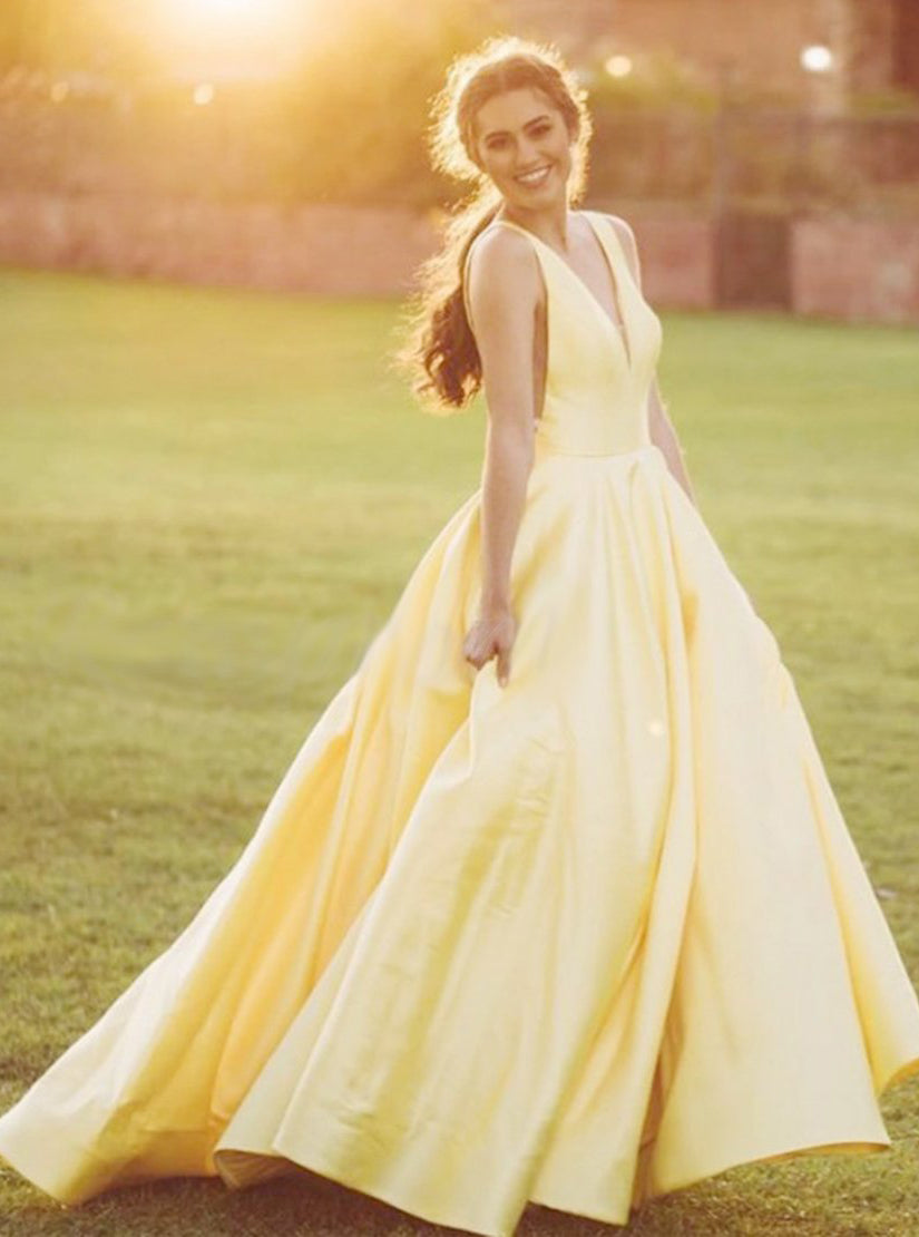 Yellow Sleeveless A Line Long Prom Dresses