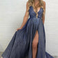 Sparkly Sleeveless Spaghetti Strap A Line Split Prom Dresses PD1116