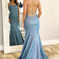 Blue Spaghetti Straps Mermaid Prom Dress Sleeveless Evening Dress PD1105