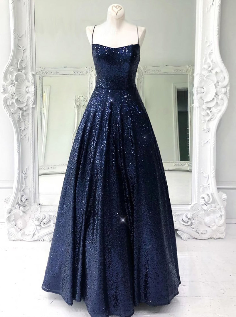 Stunning Sleeveless A Line Navy Blue Sequin Prom Dress PD1102