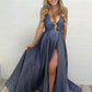 Sparkly Sleeveless Spaghetti Strap A Line Split Prom Dresses