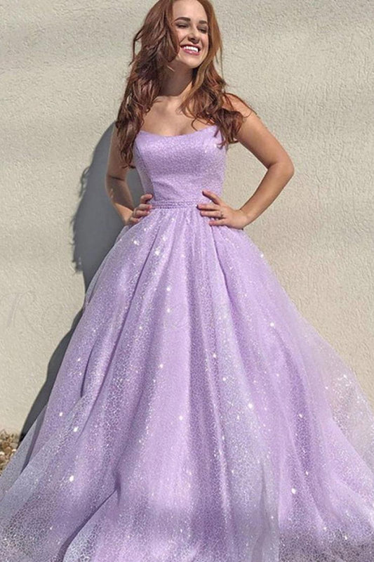 Lilac Sleeveless A Line Sequins Long Prom Dress PD1106