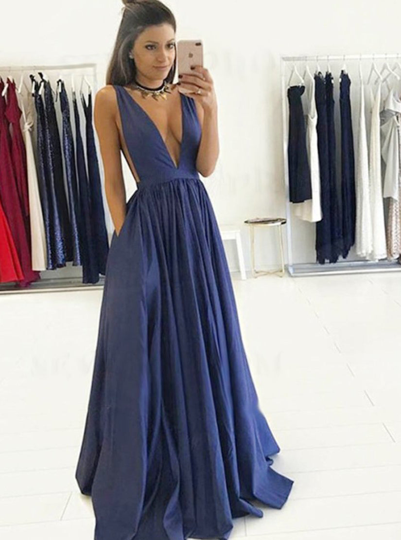 Simple Deep V-Neck Open Back Long Blue Prom Dresses