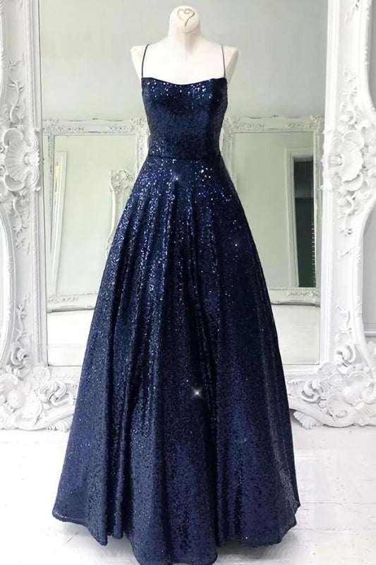 Stunning Sleeveless A Line Navy Blue Sequin Prom Dresses