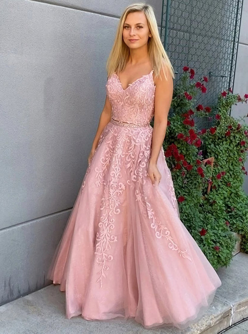 Charming Sleeveless Two Pieces Lace A Line Prom Dress PD1104