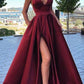 Simple A Line V-Neck Burgundy Split Prom Dress PD1112