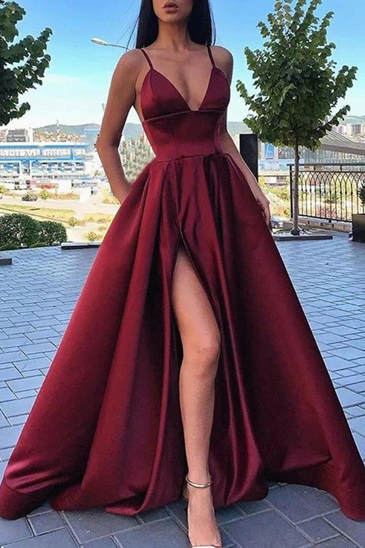 Simple A Line V-Neck Burgundy Split Prom Dress PD1112