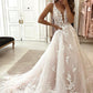 Fairy A Line V Neck Tulle Wedding Dresses with Appliques