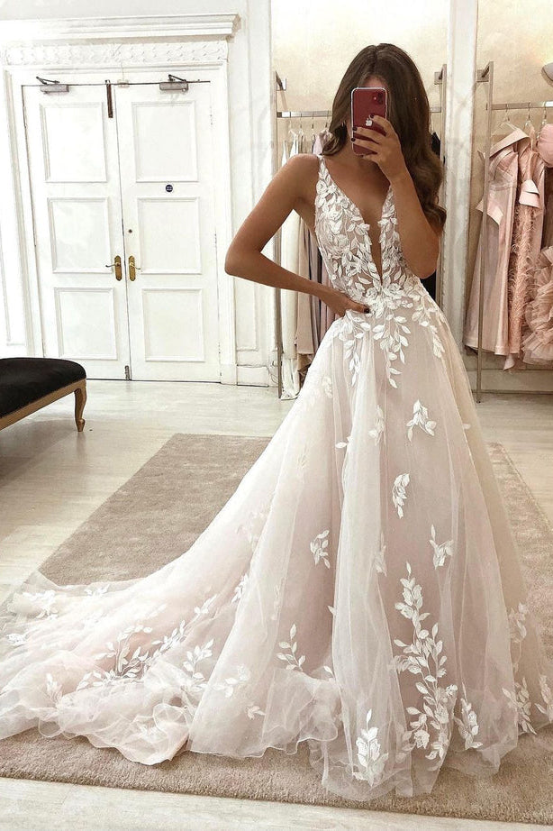 Fairy A Line V Neck Tulle Wedding Dresses with Appliques