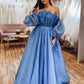 A Line Formal Evening Dresses Blue Organza Long Sleeves Strapless Prom Dresses