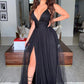 Simple Black V Neck Tulle Long Prom Dress Formal Dress
