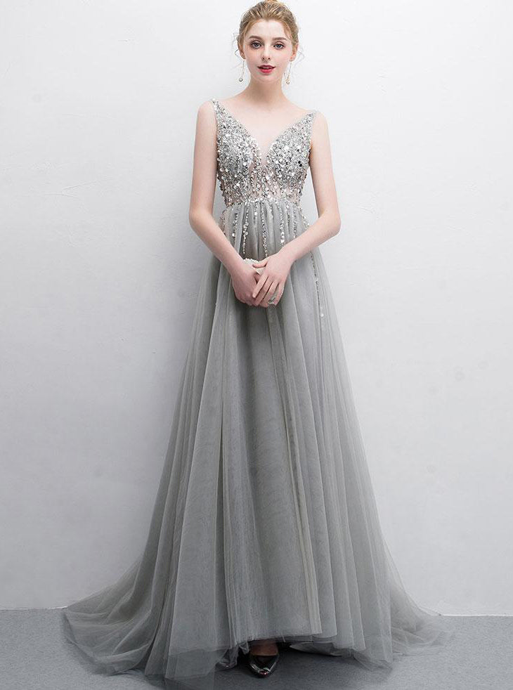 Gray A Line Tulle V Neck Sequin Long Prom Dresses