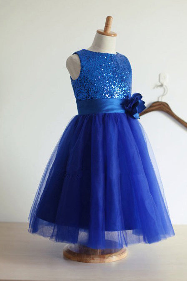Blue A Line Floor Length Scoop Neck Sleeveless Sequins Flower Girl Dresses,Baby Dress F35 - Ombreprom