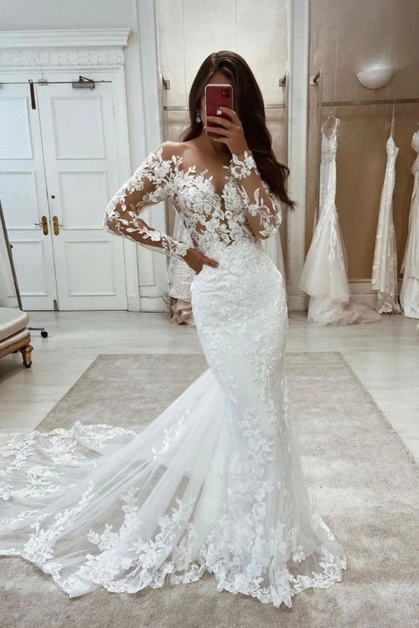 New Arrival Cap Sleeves Mermaid Long Wedding Dress with Lace Appliques