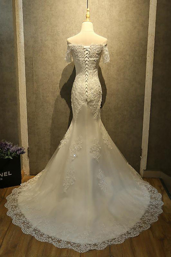 Off Shoulder Watteau Train Formal Dress,Mermaid Wedding Dress With Lace,Wedding Dress With Beading - Ombreprom