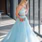 Appliques Two Pieces Light Blue Tulle Lace Formal A Line Evening Dresses Long Prom Dresses