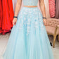 Appliques Two Pieces Light Blue Tulle Lace Formal A Line Evening Dresses Long Prom Dresses