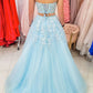 Appliques Two Pieces Light Blue Tulle Lace Formal A Line Evening Dresses Long Prom Dresses