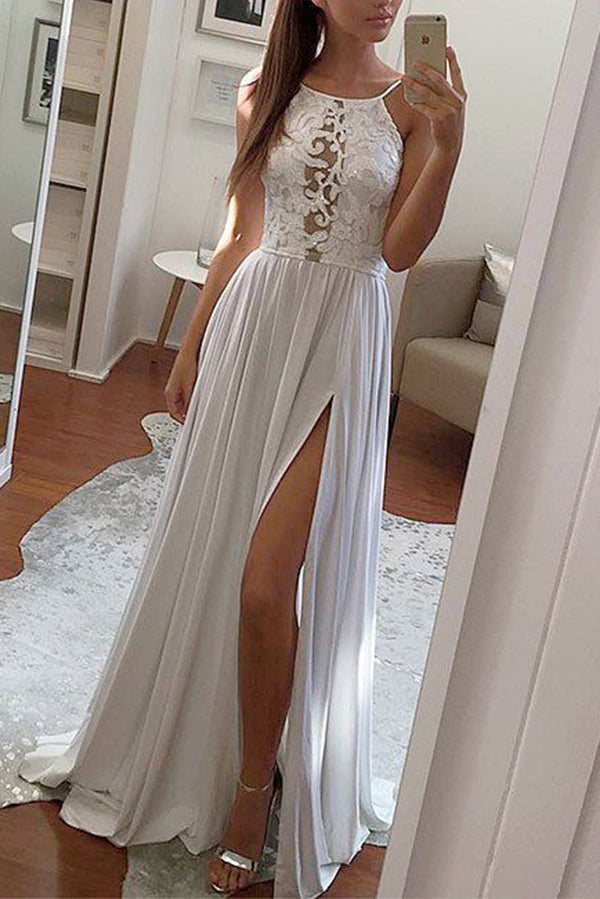 Simple Chiffon Lace Halter Prom Dresses with Split Side Long Party Dresses