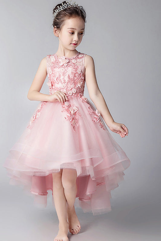 Elegant Round Neck High Low Sleeveless Tulle With Appliques Flower Girl Dresses