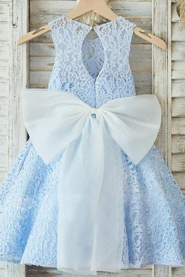 Round Neck Open Back Lace Appliques With Bowknot Flower Girl Dresses