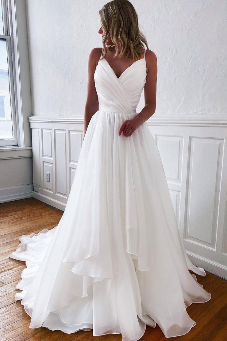 White V Neck Tulle Long Prom Dress Evening Dress