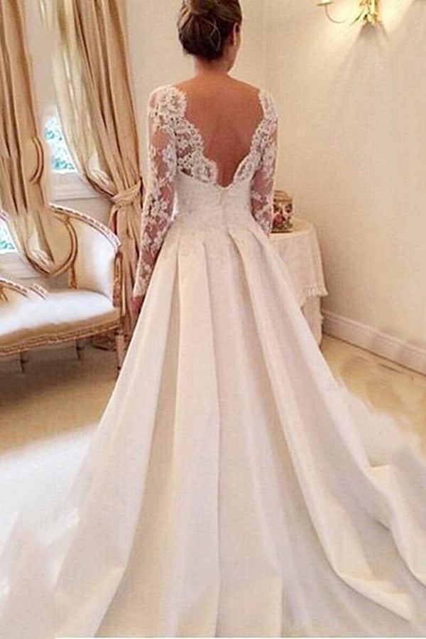 Formal Elegant V Back Long Sleeves Satin Lace Appliques Long Wedding Dresses