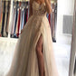 Champagne V Neck Lace Beads A Line Long Prom Dress