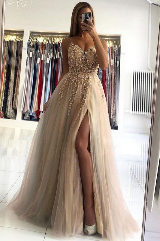 Champagne V Neck Lace Beads A Line Long Prom Dress