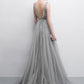 Gray A Line Tulle V Neck Sequin Long Prom Dresses