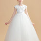 Round Neck Satin Short Sleeves Flower Girl Dresses With Lace Appliques