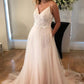 Chic Spaghetti Straps V Back Sleeveless Tulle Floor Length A Line Wedding Dresses