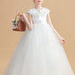 Round Neck Satin Short Sleeves Flower Girl Dresses With Lace Appliques