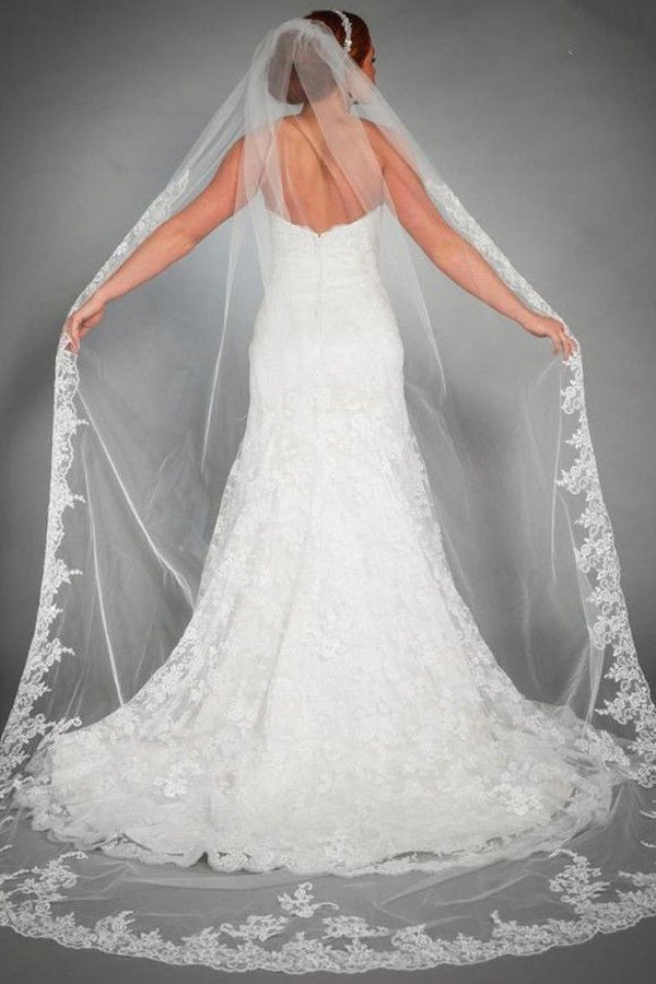 One Tier Lace Appliques Edge Cathedral Veil Long Wedding Veils