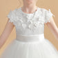 Round Neck Satin Short Sleeves Flower Girl Dresses With Lace Appliques